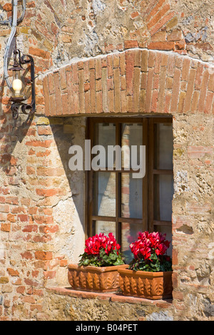 Fenêtres ornées de fleurs en pot dans la ville de Monteriggioni, Province de Sienne, Toscane, Italie, Europe. Banque D'Images