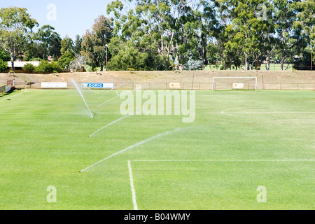 Six têtes d'irrigation l'arrosage d'un terrain de football à Litis Stadium de Leederville, Perth, Australie occidentale Banque D'Images