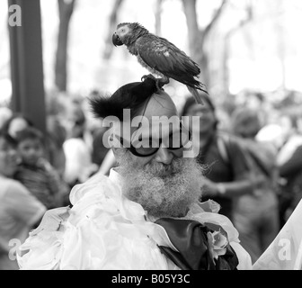 Un artiste de rue unique à New York avec un oiseau sur la tête Banque D'Images