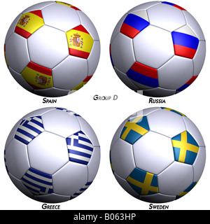 Quatre ballons de soccer avec les drapeaux des pays dans le groupe D dans le championnat européen de 2008 rendu 3D haute résolution avec clipping path Banque D'Images