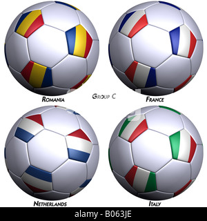 Quatre ballons de soccer avec les drapeaux des pays dans le groupe C lors de l'em 2008 rendu 3D haute résolution avec clipping path Banque D'Images