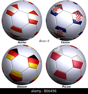 Quatre ballons de soccer avec des drapeaux des pays du groupe B dans le championnat européen de 2008 rendu 3D haute résolution avec clipping path Banque D'Images