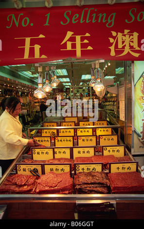 La Chine, Macao, appuyé sur un affichage typique Viande Nourriture Spécialité de Macau Banque D'Images