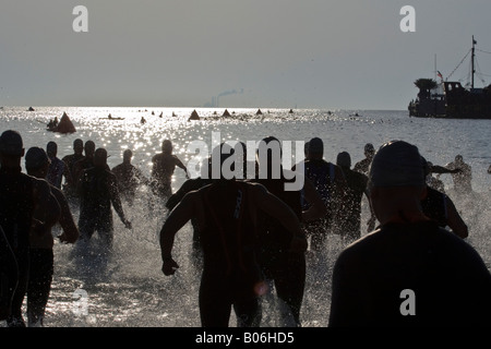 Les Nageurs triathlète courir dans l'eau à la Saint Anthony's triathlon à St Petersburg en Floride Banque D'Images