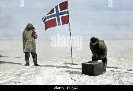 Roald Amundsen, premier à atteindre le pôle Sud au pôle position fixation 1911. La main, d'une photographie de demi-teinte Banque D'Images