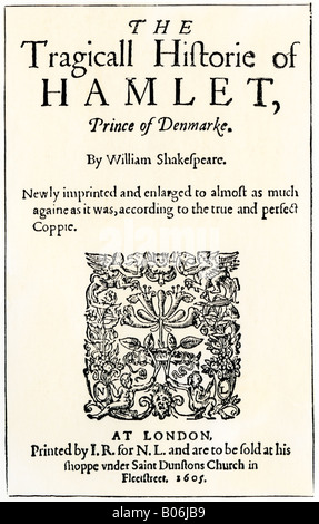 Page de titre de la publication 1605 de Hamlet de William Shakespeare. Gravure sur bois avec un lavage à l'aquarelle Banque D'Images