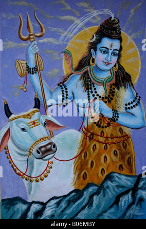 Fresque sur mur de temple hindou de Shiva de Seigneur et de sa vache Nandi, Inde Banque D'Images