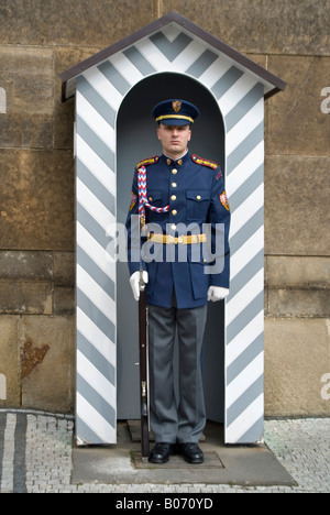 Close up vertical d'un des gardes du château des forces armées tchèques sur le service à l'extérieur du château 'Prazsky Hrad' au soleil. Banque D'Images
