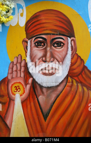 Dessin sur panneau d'extérieur d'un temple indien de Sai Baba de Shirdi, India Banque D'Images