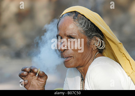 Vieille Femme tribal, un Indien bidi fumeurs de cigarettes à la main du tabac ou beedi feuilles. Tribu Bhil Banque D'Images