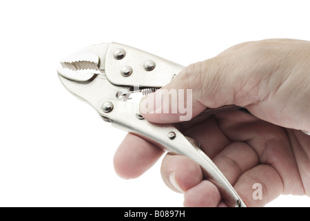 Close up of hand holding une pince de verrouillage isolated on white Banque D'Images