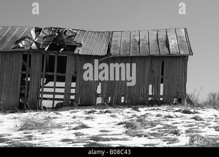 L'abandon abandonnés Vermont grange à foin sur une colline à la fin de l'hiver avec du foin et de la neige en premier plan noir et blanc Banque D'Images