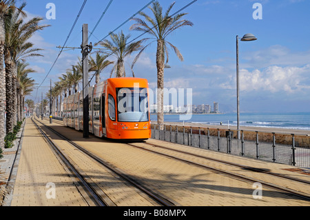 La ligne de tramway le long de la côte, les Llances, Alicante, Costa Blanca, Espagne, Europe Banque D'Images