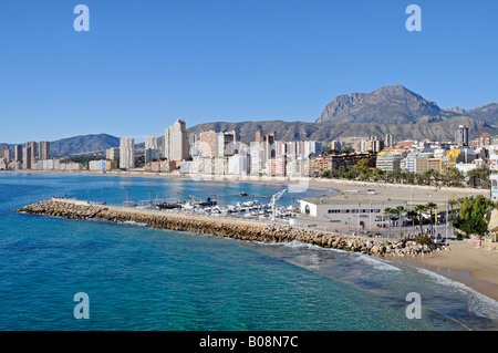 La protection de brise-lames à la marina Playa de Poniente, Benidorm, Alicante, Costa Blanca, Espagne Banque D'Images