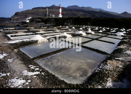 Les étangs d'évaporation de sel et phare de Punta de Fuencaliente, l'île de La Palma, Îles Canaries, Espagne Banque D'Images