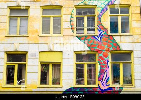 Amsterdam, dragon peint sur des murs sur un squat bar appelé le Spui dans Vrankrijk straat street, windows Banque D'Images