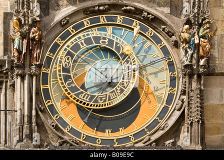 L'horizontale de près de l'horloge astronomique fascinant Orloj sur une journée ensoleillée. Banque D'Images
