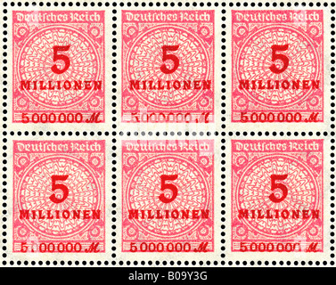 Allemand / Allemagne 1923 inutilisés hyper-inflation période 5 Millionen bloc de timbres. Banque D'Images
