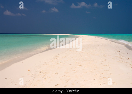 Sandspit lagon bleu ciel bleu, plage de sable blanc de l'île de Kuramathi Maldives tropicales Banque D'Images