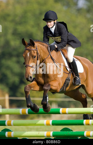 Cheval et cavalier dans la phase de saut d'un concours complet Charlton Park Wiltshire, Royaume-Uni Banque D'Images