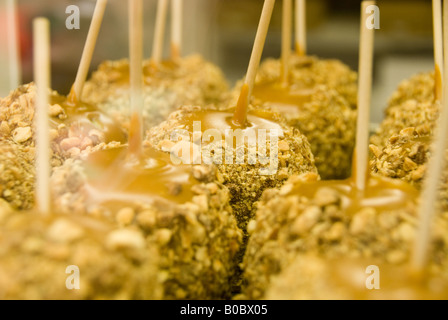 Un lot de pommes enrobées de caramel chaud et amandes concassées Banque D'Images