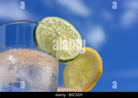 Verres d'eau avec de la glace, citron et lime Banque D'Images