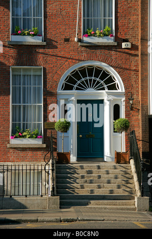 Porte et porte d'entrée avec des plantes décoratives d'une maison typique de Dublin, Irlande Banque D'Images