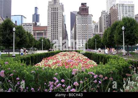 Low angle shot montrant une fleur couvert symétrique boarder en vue de la région de la boucle du centre-ville de Chicago dans l'arrière-plan Banque D'Images