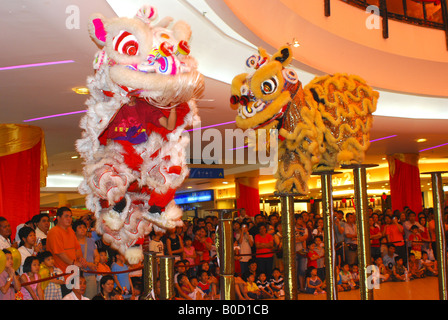 La performance de danse du lion sur pilotis pendant le festival du Nouvel An chinois Banque D'Images