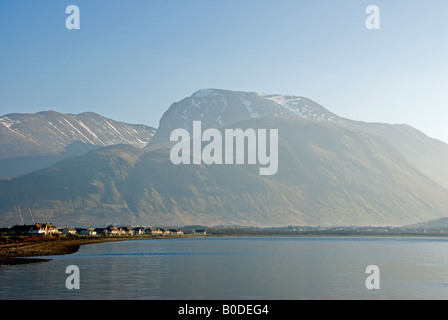 Une vue sur le Ben Nevis avec Caol sur l'estran du bassin de Corpach Banque D'Images