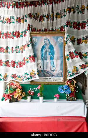 Photo encadrée de la Vierge de Guadalupe placée sur un sanctuaire temporaire, appuyé contre le tissu fleuri. Avec des fleurs en plastique. Banque D'Images