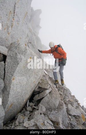 Alpinisme alpiniste par temps brumeux, Pika Glacier, Alaska Banque D'Images