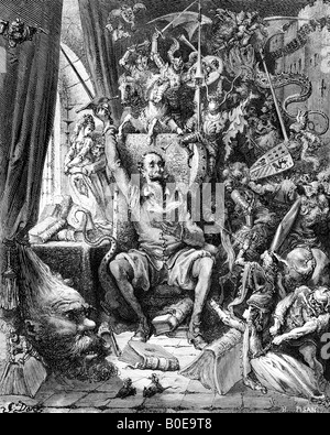 Gravure de Gustave Dore illustration de Don Quichotte dans sa bibliothèque Banque D'Images