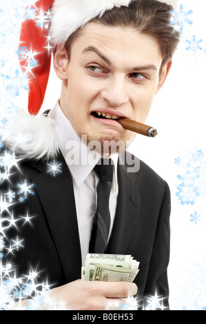 Costume d'homme jouant de la bad santa avec flocons Banque D'Images