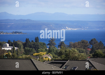 Vue sur le lac Taupo du sommet d'une colline. Banque D'Images