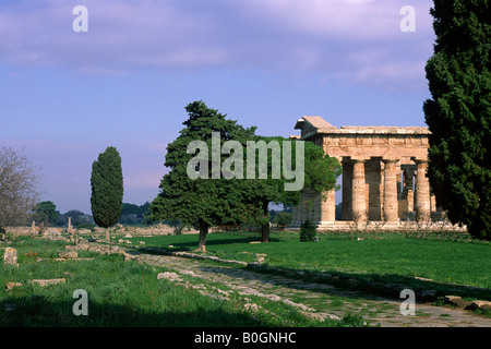 Italie, Campanie, Paestum, rue sacrée et temple d'Héra II ou temple de Neptune (Ve siècle av. J.-C.) Banque D'Images