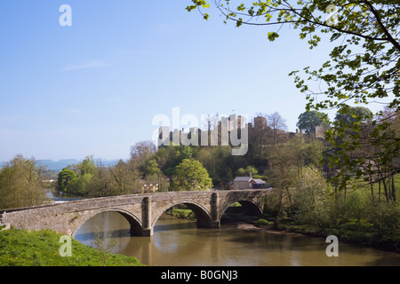 Ludlow Shropshire England UK Dinham arqué pont de pierre sur la rivière Teme avec ville et le château au-delà Banque D'Images