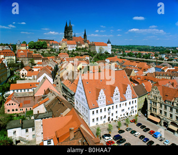 Hôtel de ville, place du marché et de la cathédrale, vue panoramique, Meissen, Saxe, Allemagne Banque D'Images