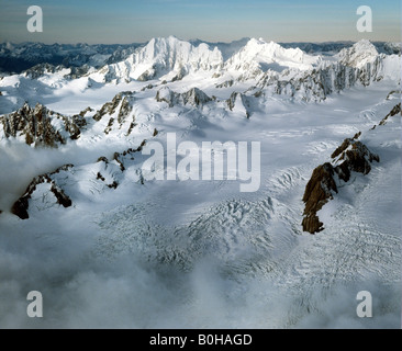 Vue aérienne, Mt.Aoraki Mount Cook, et le Mont Tasman, vue du nord, parc Aoraki/Mount Cook National Park, District de Mackenzie, Banque D'Images