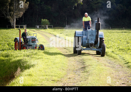 Deux anciens tracteurs, Lanz Bulldog et Eicher 1 cylindre, avec des pilotes. Parution du modèle Banque D'Images