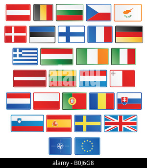 Bouton d'illustration vectorielle, drapeaux des 27 membres de l'Union européenne à partir de 2008 ainsi que l'OTAN et l'UE Banque D'Images