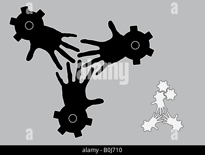 Illustration conceptuelle logo des doigts liés ensemble au sein d'engrenages ou de crans. Concept d'équipe et l'unité du travail. Banque D'Images