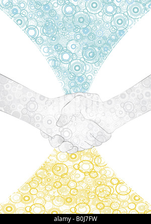 Vector illustration de deux mains trembler avec des cercles colorés modernes réalisés dans un style calme heureux Banque D'Images