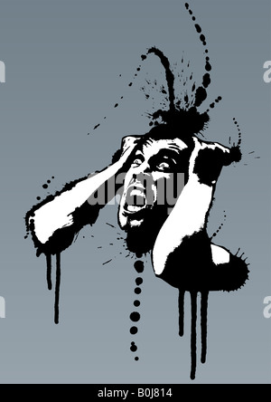 Vector illustration détaillée d'un homme qui crie en tirant ses cheveux en dehors de la folie Grunge style avec des éclaboussures d'encre Banque D'Images