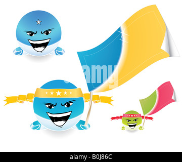 Vector illustration d'un style anime émoticône heureux visage avec une expression joyeuse et un tag de détail drapeau dans la main Banque D'Images