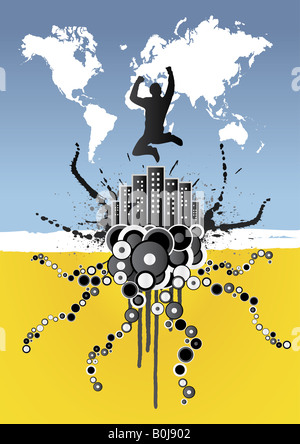 Vector illustration d'un Funky ville avec des gratte-ciel avec un businessman jumping au-dessus Banque D'Images