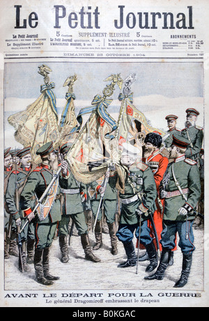 Général Dragomirov embrasse le drapeau des troupes avant de partir pour la guerre russo-japonaise, 1904. Artiste : Inconnu Banque D'Images