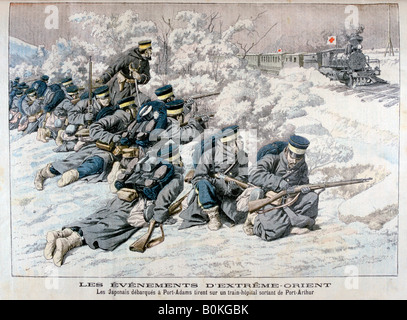 Attaque japonaise sur l'hôpital un train près de Port Arthur, la Mandchourie, guerre russo-japonaise, 1904. Artiste : Inconnu Banque D'Images