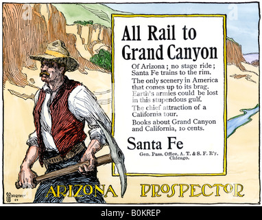 Prospecteur de l'Arizona et le Grand Canyon en vedette dans un Santa Fe Railroad annonce vers 1900.. À la main, gravure sur bois Banque D'Images