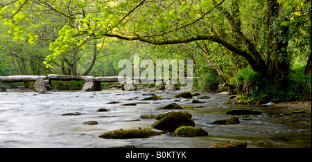 L'ancien pont Battant Tarr Étapes traversant la rivière Barle Exmoor National Park en Angleterre Somerset Banque D'Images